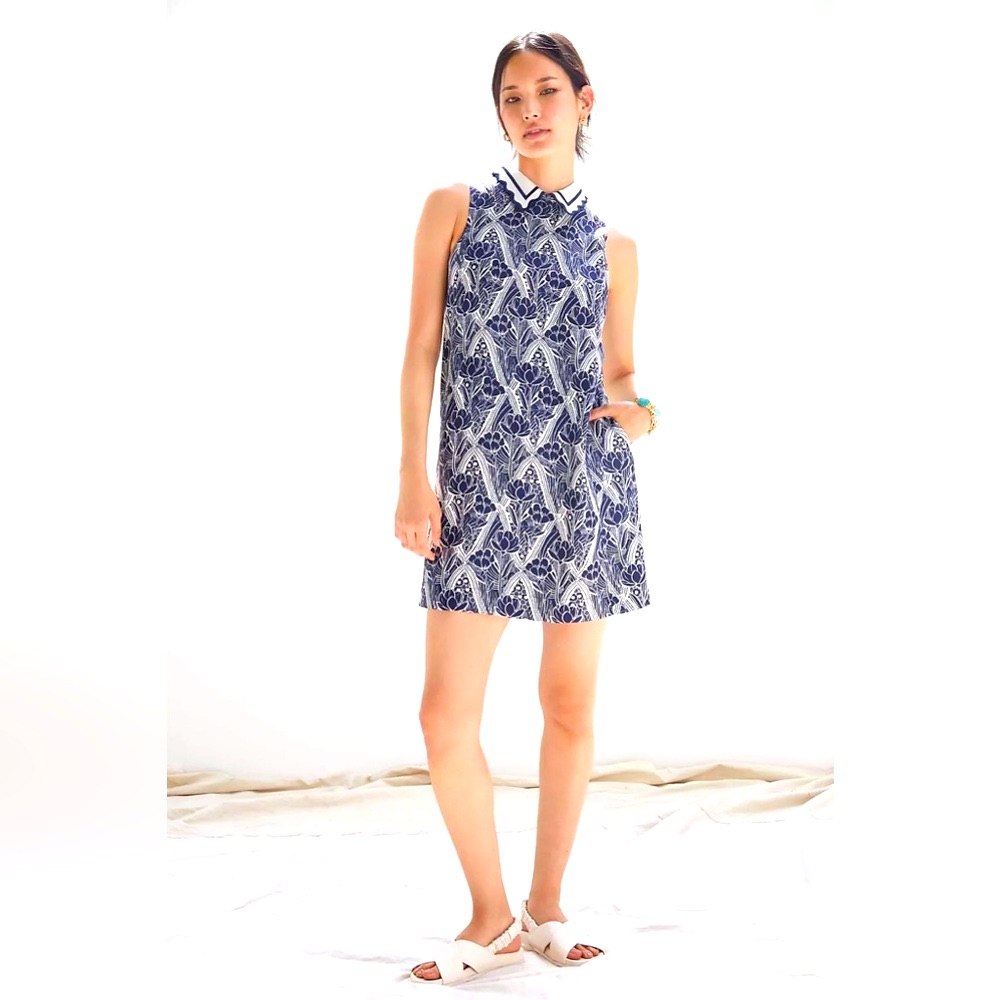 Anthropologie Maeve Lattice Floral Shift Dress Blue White Lotus Flower Print L